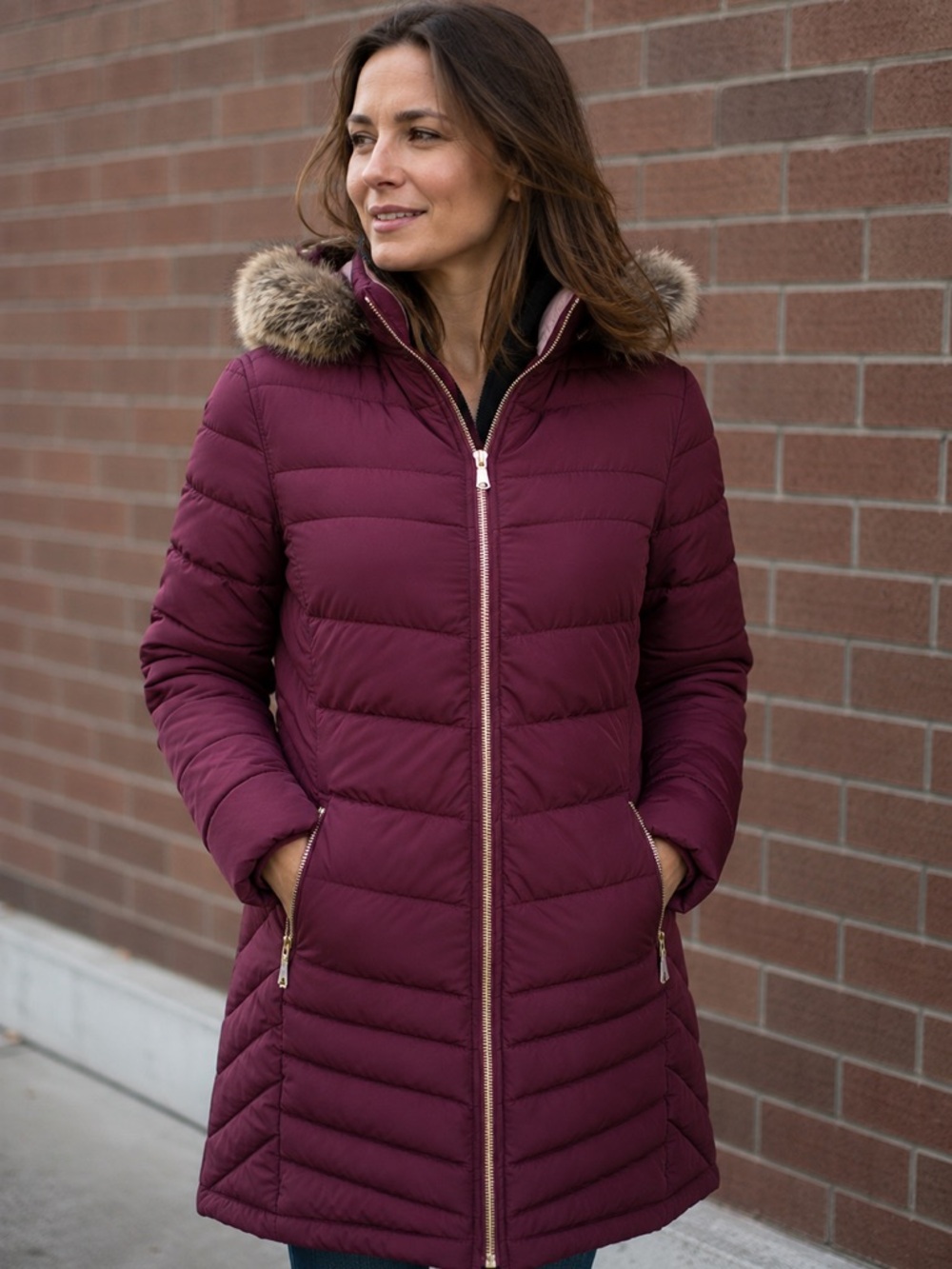 NWT Snobbish Collection Reversible Puffer Coat Women’s Medium Wine Faux Fur Hood